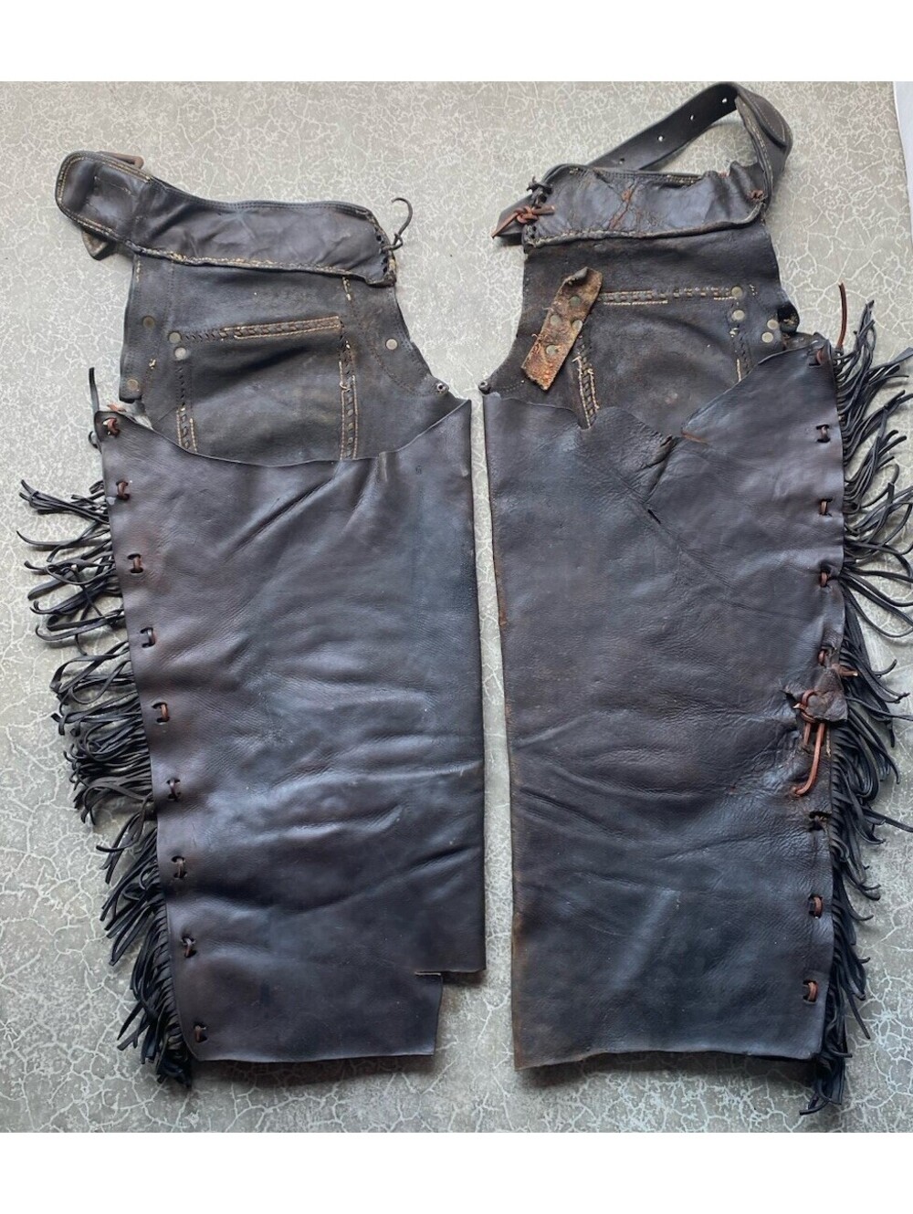 Vintage Western Shotgun Chaps Brown Heavy Leather Adjustable Waist Ranch Riding